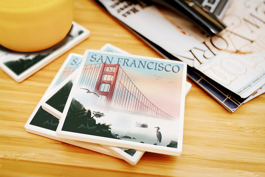San Francisco, California, Golden Gate Bridge in Fog, Lantern Press Artwork, Coaster Set Coasters Lantern Press 