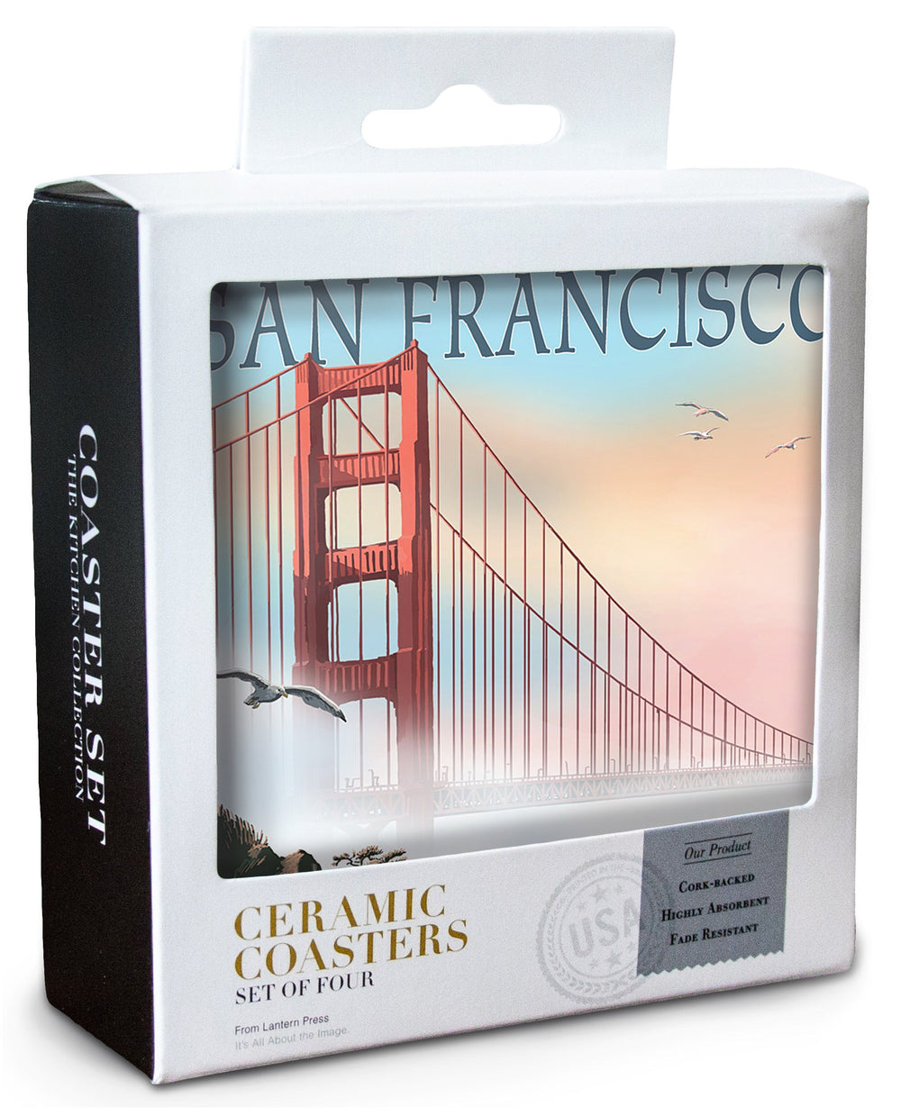 San Francisco, California, Golden Gate Bridge in Fog, Lantern Press Artwork, Coaster Set Coasters Lantern Press 