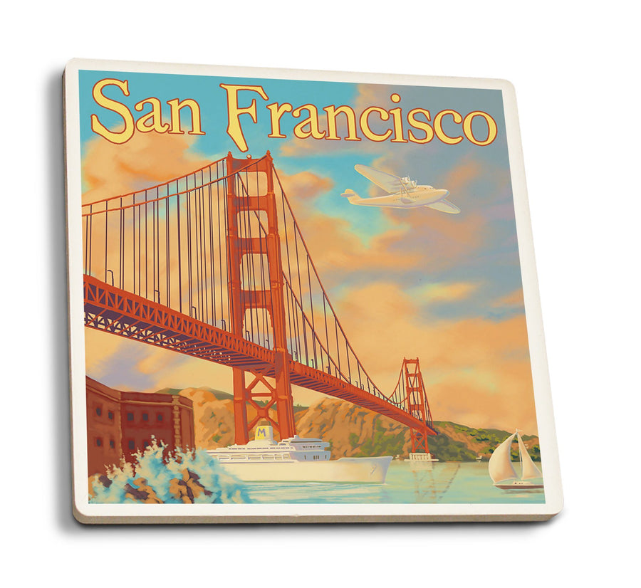 San Francisco, California, Golden Gate Bridge, Lantern Press Artwork, Coaster Set Coasters Lantern Press 