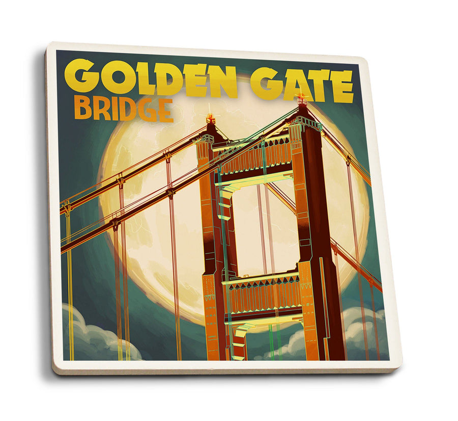 San Francisco, California, Golden Gate Bridge & Moon, Lantern Press Artwork, Coaster Set Coasters Lantern Press 