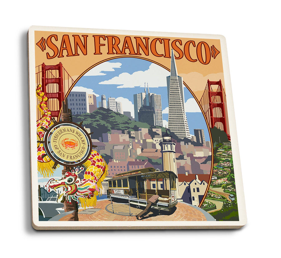 San Francisco, California, Montage Scenes, Lantern Press Artwork, Coaster Set Coasters Lantern Press 