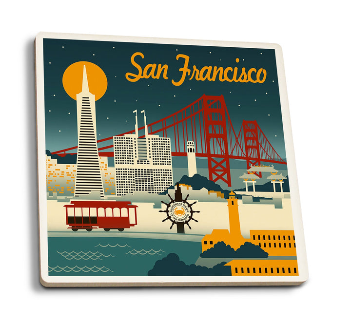 San Francisco, California, Retro Skyline, Lantern Press Artwork, Coaster Set Coasters Lantern Press 