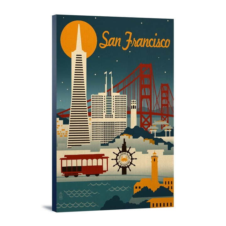 San Francisco, California, Retro Skyline, Lantern Press Artwork, Stretched Canvas Canvas Lantern Press 12x18 Stretched Canvas 
