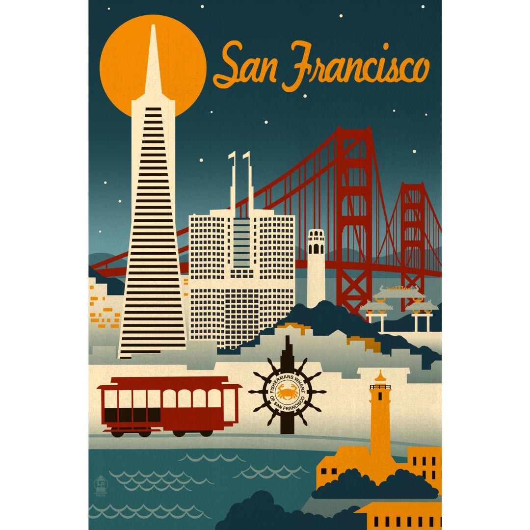 San Francisco, California, Retro Skyline, Lantern Press Artwork, Stretched Canvas Canvas Lantern Press 