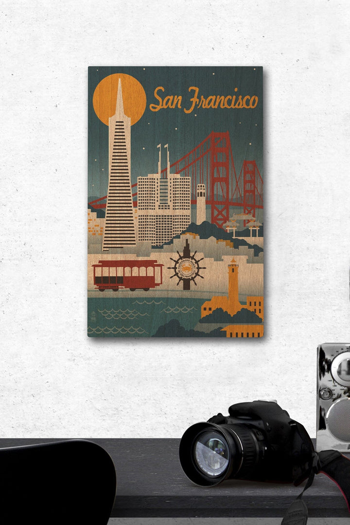 San Francisco, California, Retro Skyline, Lantern Press Artwork, Wood Signs and Postcards Wood Lantern Press 12 x 18 Wood Gallery Print 