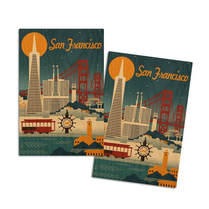 San Francisco, California, Retro Skyline, Lantern Press Artwork, Wood Signs and Postcards Wood Lantern Press 4x6 Wood Postcard Set 