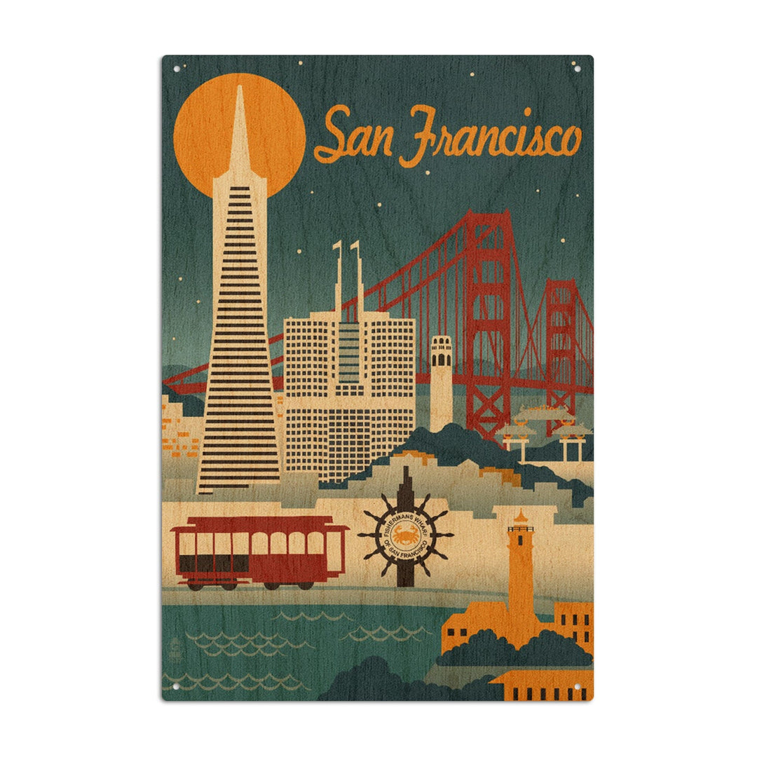 San Francisco, California, Retro Skyline, Lantern Press Artwork, Wood Signs and Postcards Wood Lantern Press 6x9 Wood Sign 