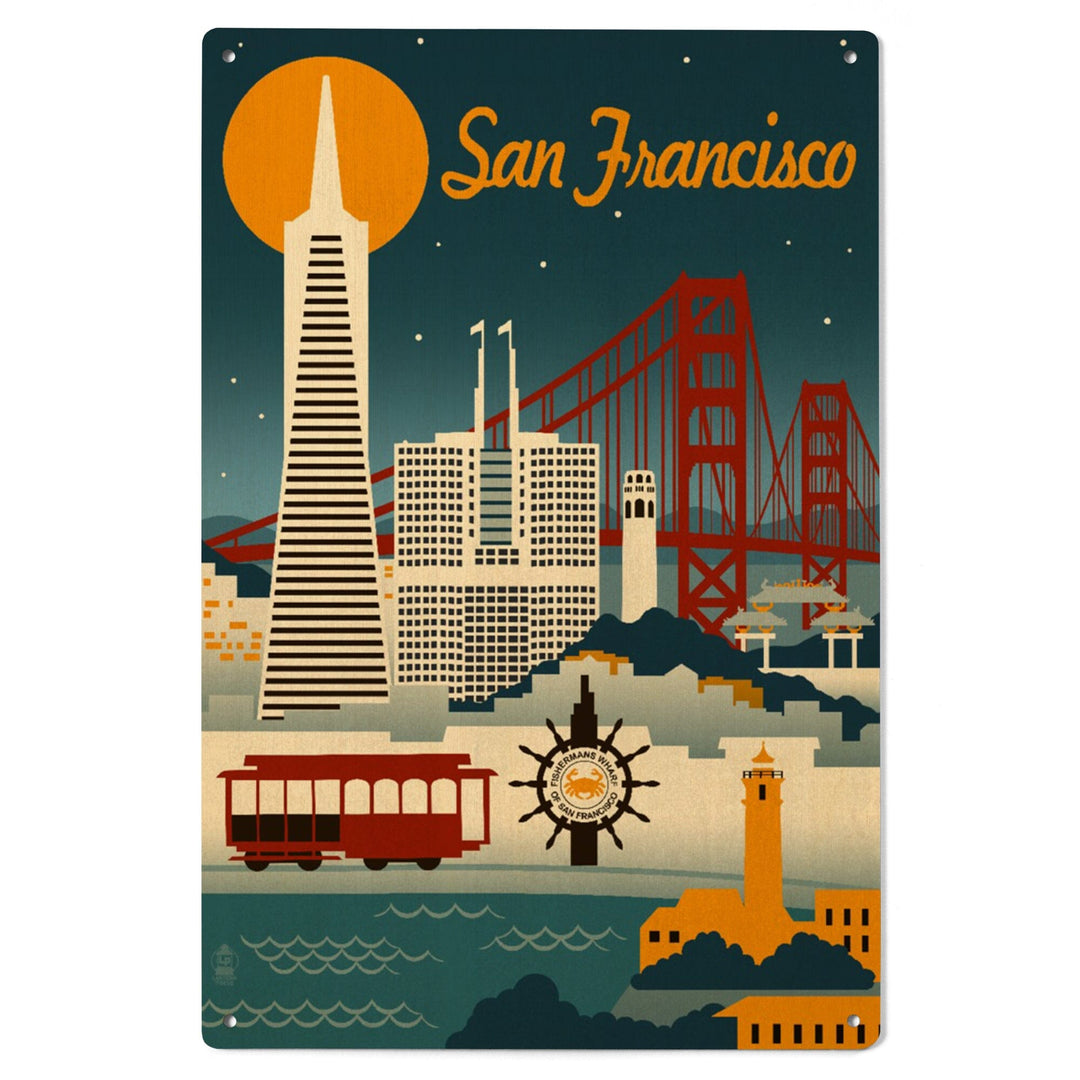 San Francisco, California, Retro Skyline, Lantern Press Artwork, Wood Signs and Postcards Wood Lantern Press 