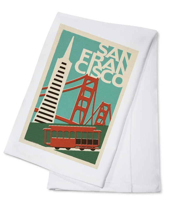San Francisco, California, Woodblock, Lantern Press Artwork, Towels and Aprons Kitchen Lantern Press Cotton Towel 