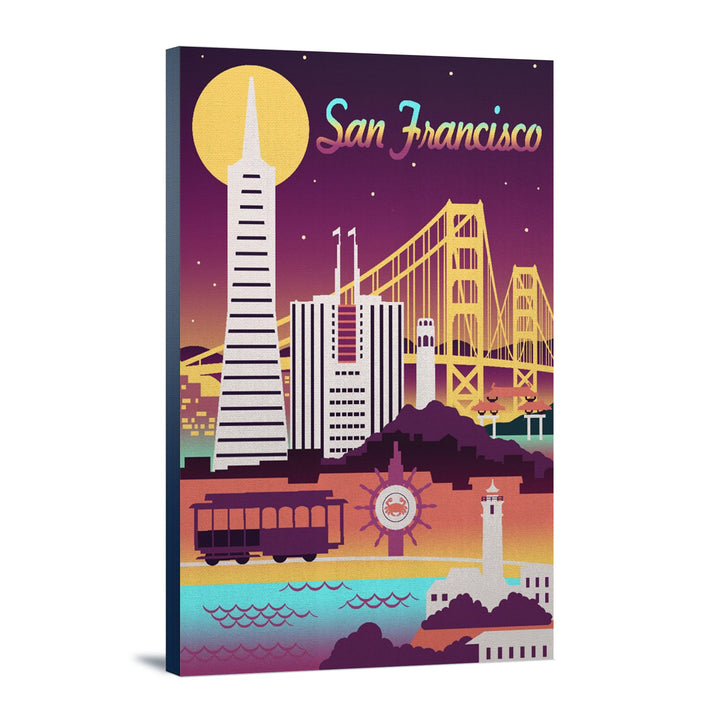 San Francisco, Retro Skyline Chromatic Series, Lantern Press Artwork, Stretched Canvas Canvas Lantern Press 12x18 Stretched Canvas 