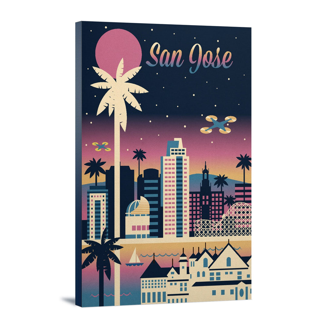 San Jose, California, Retro Skyline Chromatic Series, Lantern Press Artwork, Stretched Canvas Canvas Lantern Press 12x18 Stretched Canvas 