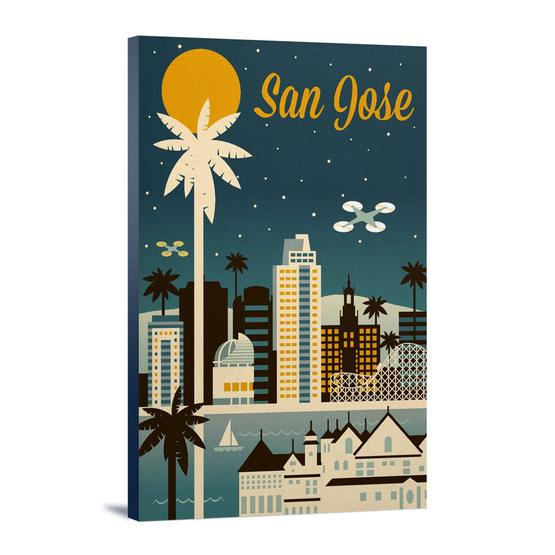 San Jose, California, Retro Skyline Series, Lantern Press Artwork, Stretched Canvas Canvas Lantern Press 12x18 Stretched Canvas 