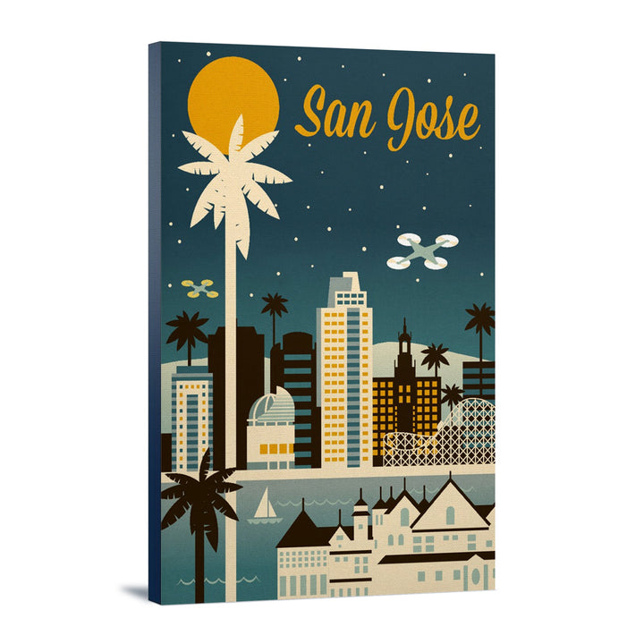 San Jose, California, Retro Skyline Series, Lantern Press Artwork, Stretched Canvas Canvas Lantern Press 16x24 Stretched Canvas 
