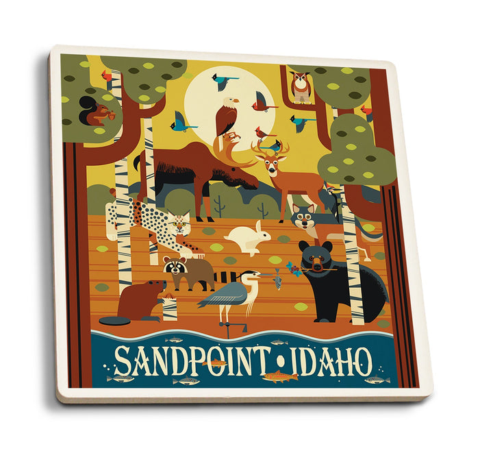 Sandpoint, Idaho, Forest Animals, Geometric, Lantern Press Artwork, Coaster Set Coasters Lantern Press 