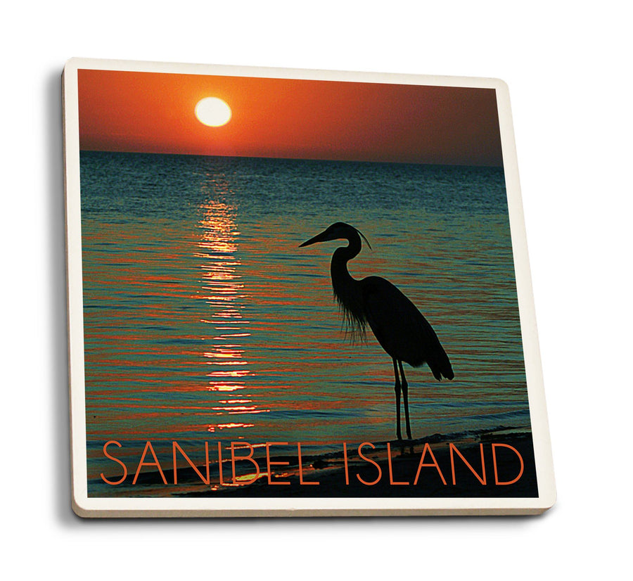 Sanibel Island, Florida, Heron & Sunset, Lantern Press Photography, Coaster Set Coasters Lantern Press 