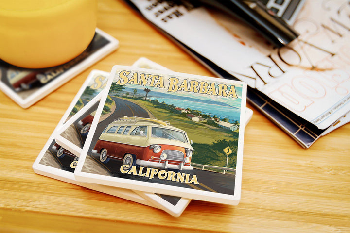 Santa Barbara, California, Camper Van, Lantern Press Artwork, Coaster Set Coasters Lantern Press 
