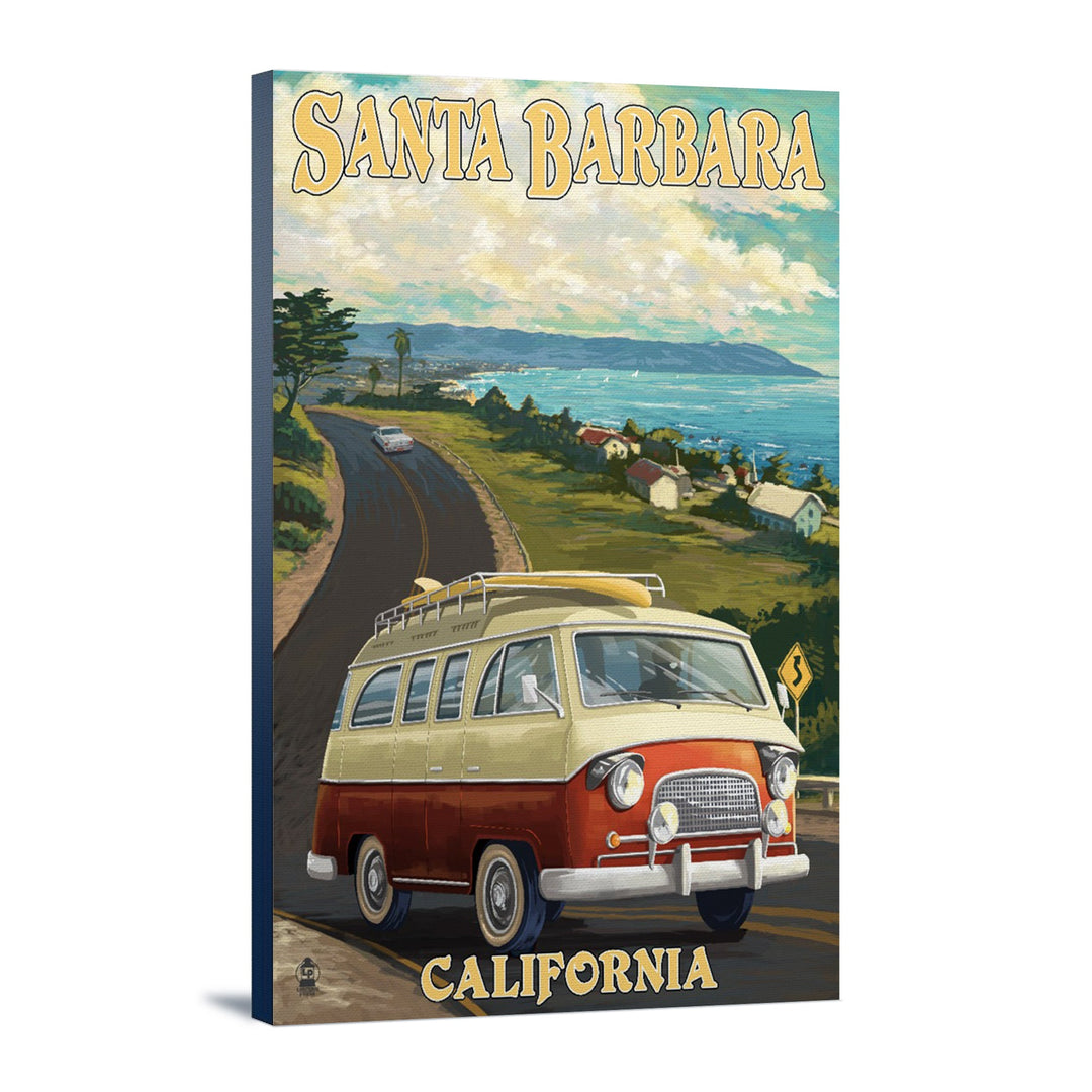 Santa Barbara, California, Camper Van, Lantern Press Artwork, Stretched Canvas Canvas Lantern Press 12x18 Stretched Canvas 