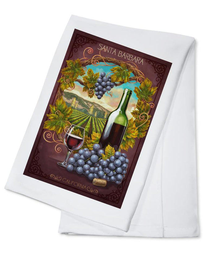 Santa Barbara, California, Merlot, Lantern Press Poster, Towels and Aprons Kitchen Lantern Press Cotton Towel 