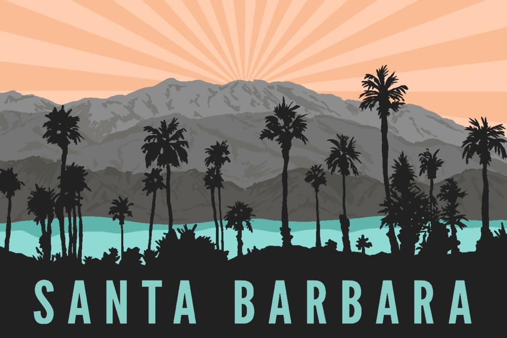 Santa Barbara, California, Palm Trees & Mountains, Lantern Press Artwork, Art Prints and Metal Signs Art Lantern Press 12 x 18 Art Print 