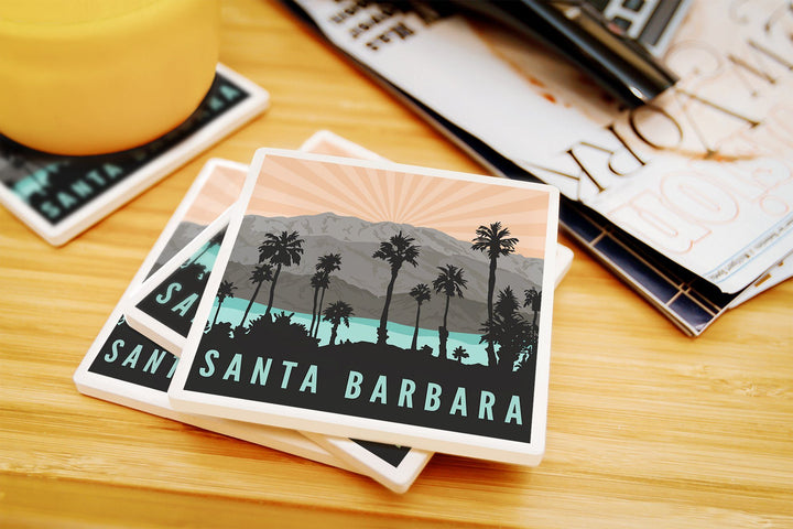 Santa Barbara, California, Palm Trees & Mountains, Lantern Press Artwork, Coaster Set Coasters Lantern Press 