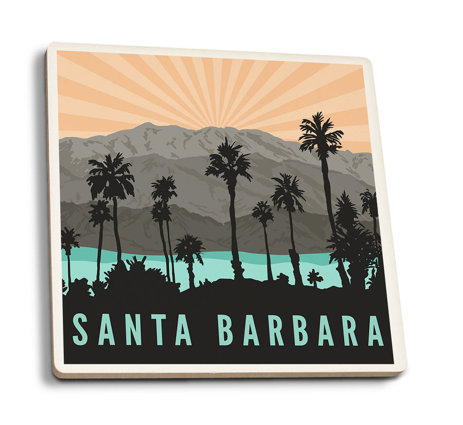 Santa Barbara, California, Palm Trees & Mountains, Lantern Press Artwork, Coaster Set Coasters Lantern Press 