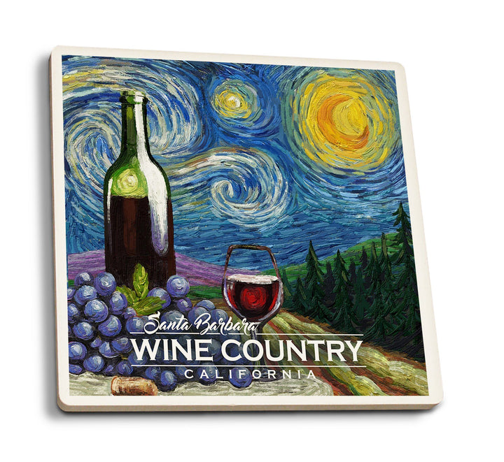 Santa Barbara Wine Country, California, Vineyard, Starry Night, Lantern Press Artwork, Coaster Set Coasters Lantern Press 