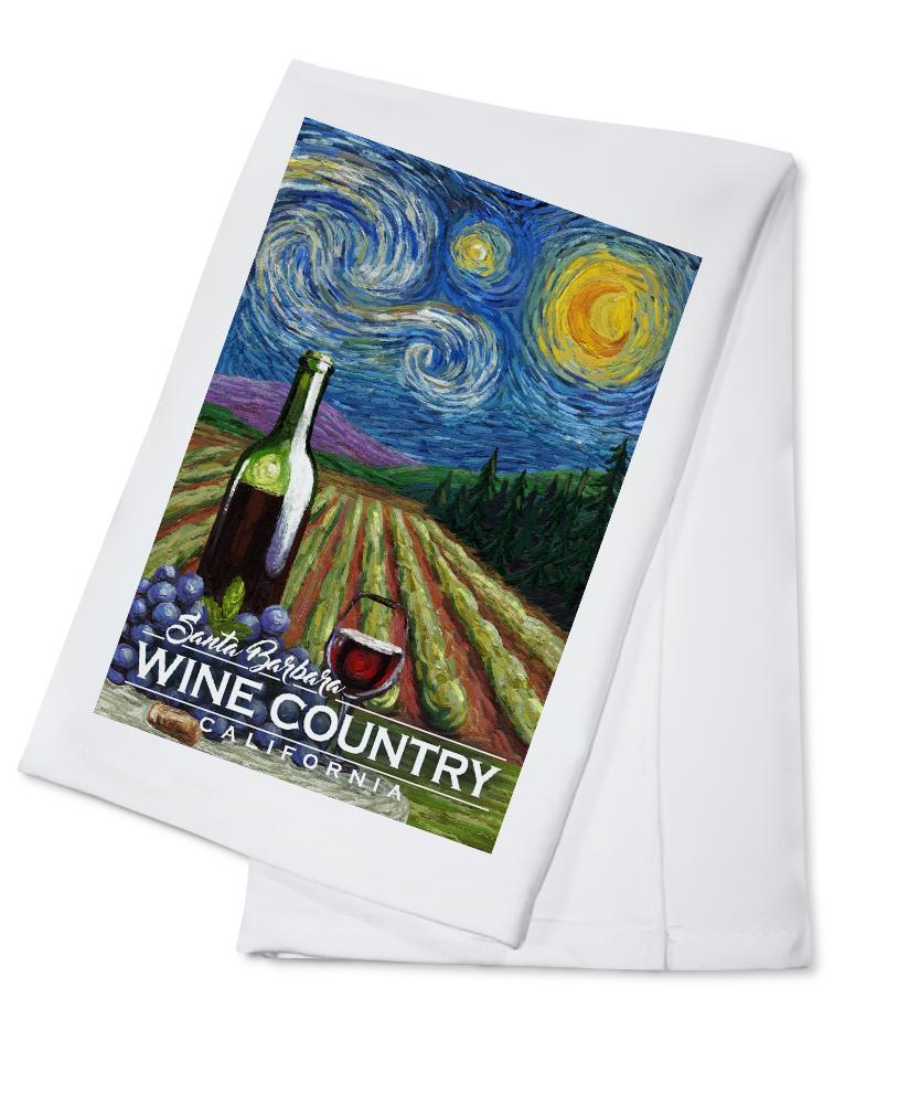 Santa Barbara Wine Country, California, Vineyard, Starry Night, Lantern Press Artwork, Towels and Aprons Kitchen Lantern Press Cotton Towel 
