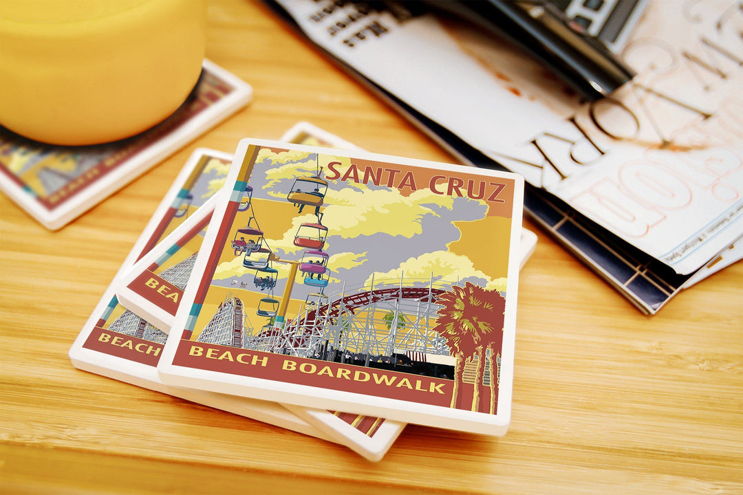 Santa Cruz, California, Beach Boardwalk, Lantern Press Artwork, Coaster Set Coasters Lantern Press 