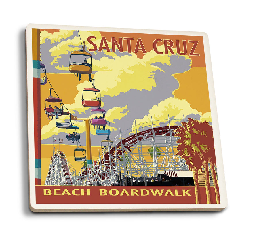 Santa Cruz, California, Beach Boardwalk, Lantern Press Artwork, Coaster Set Coasters Lantern Press 