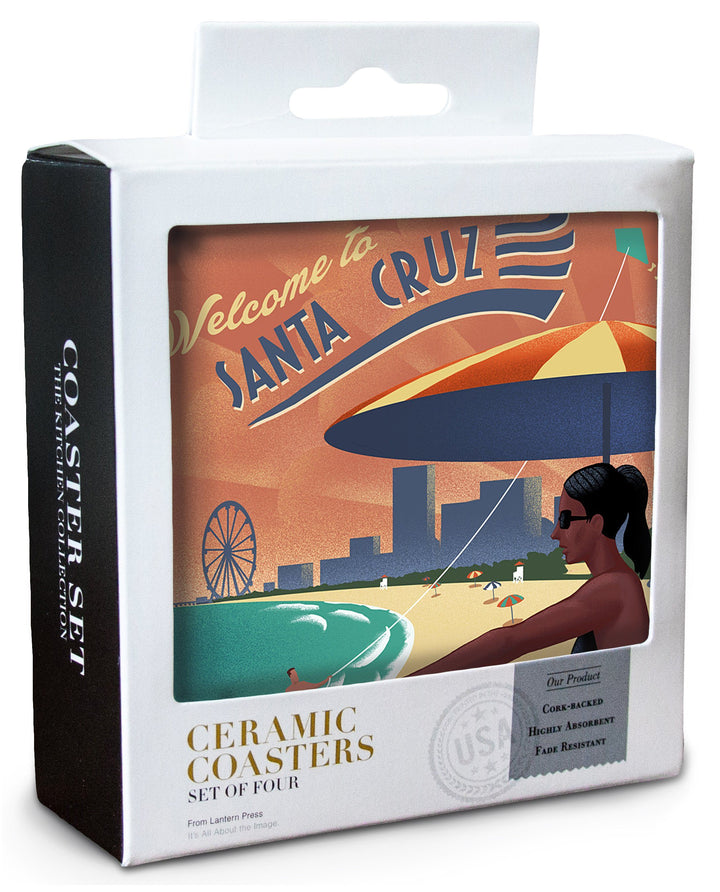 Santa Cruz, California, Beach Scene, Lithograph, Lantern Press Artwork, Coaster Set Coasters Lantern Press 