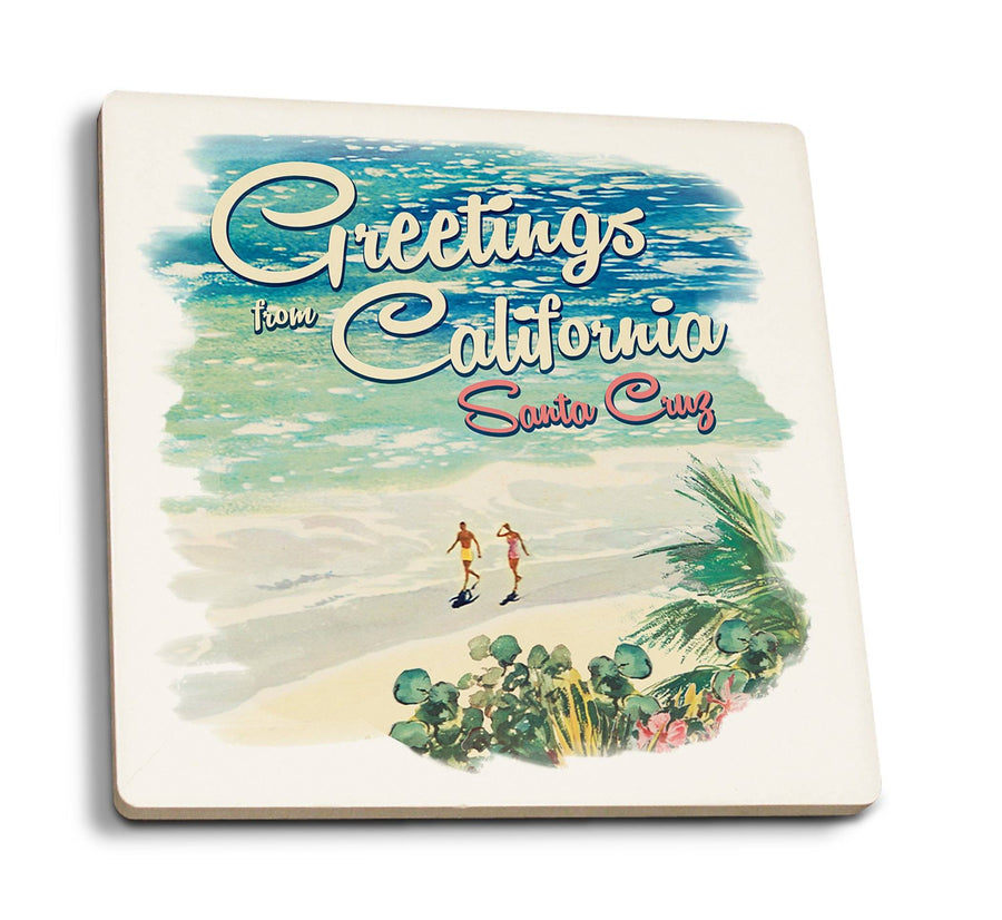 Santa Cruz, California, Greetings from California, Beach Scene with Vignette, Lantern Press Artwork, Coaster Set Coasters Lantern Press 