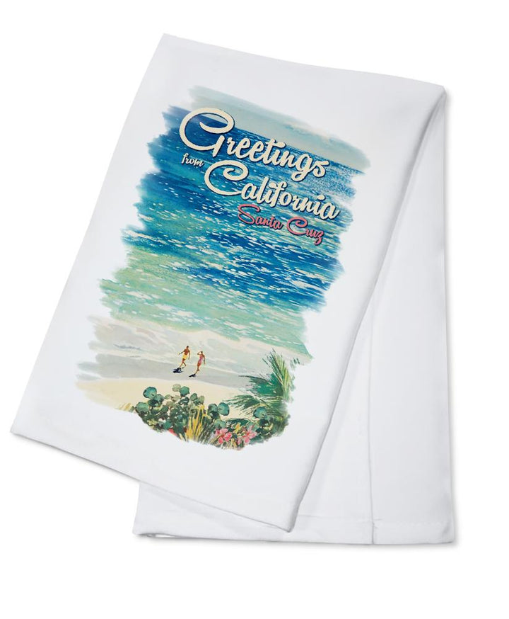 Santa Cruz, California, Greetings from California, Beach Scene with Vignette, Lantern Press Artwork, Towels and Aprons Kitchen Lantern Press Cotton Towel 