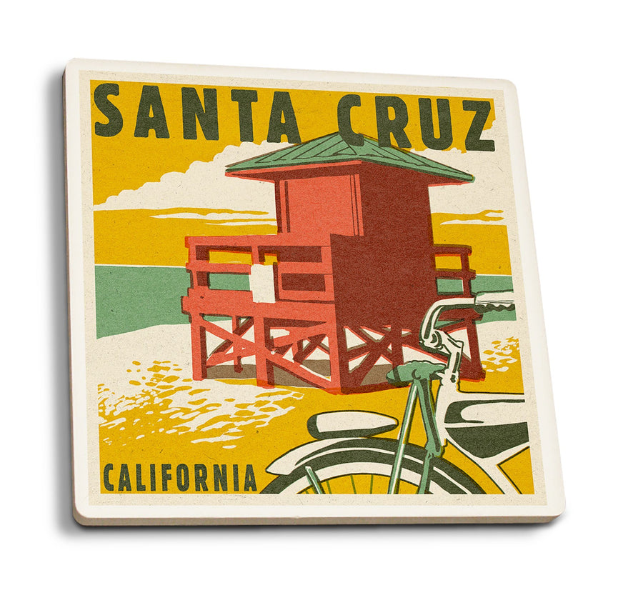 Santa Cruz, California, Lifeguard Tower, Woodblock, Lantern Press Artwork, Coaster Set Coasters Lantern Press 