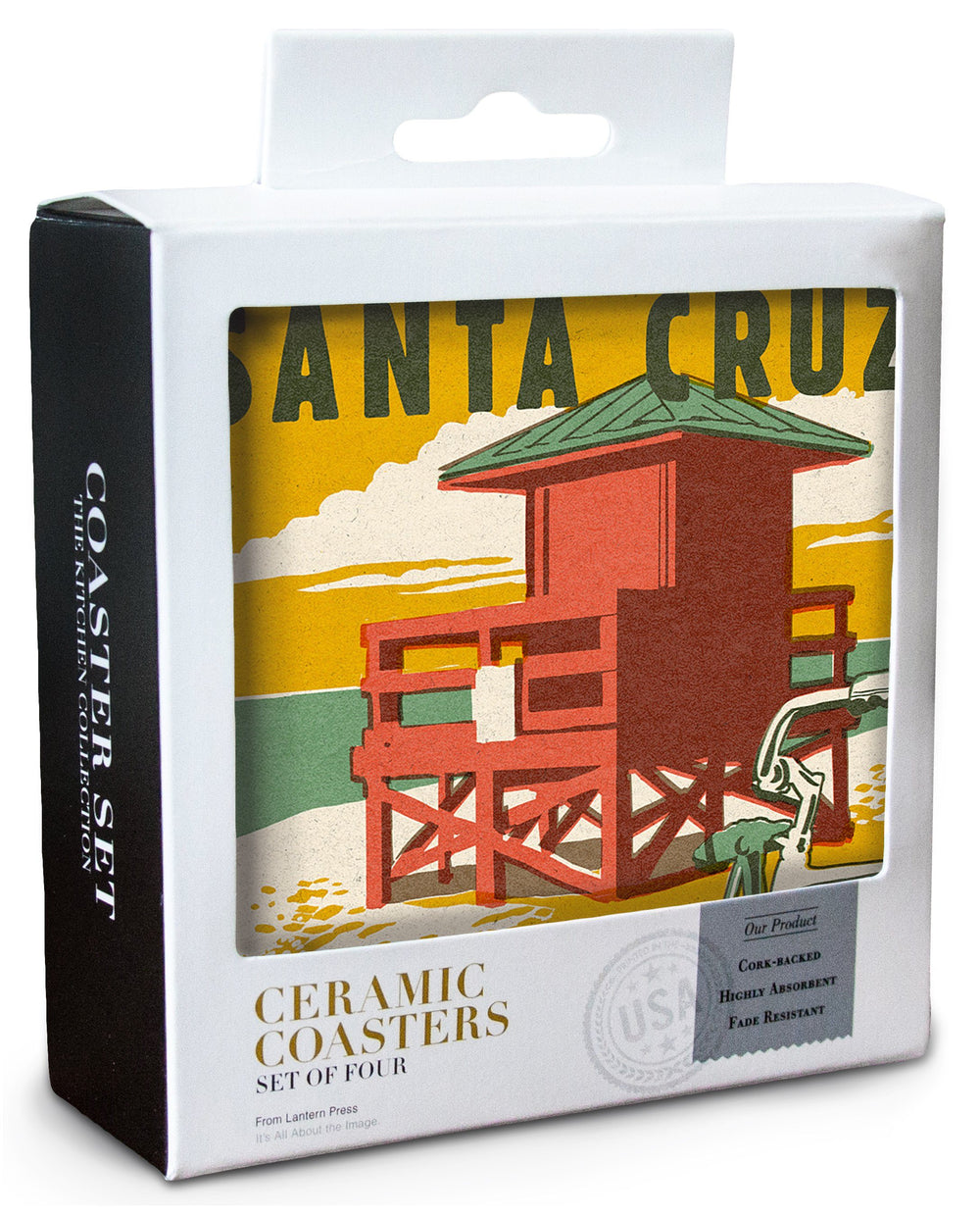 Santa Cruz, California, Lifeguard Tower, Woodblock, Lantern Press Artwork, Coaster Set Coasters Lantern Press 