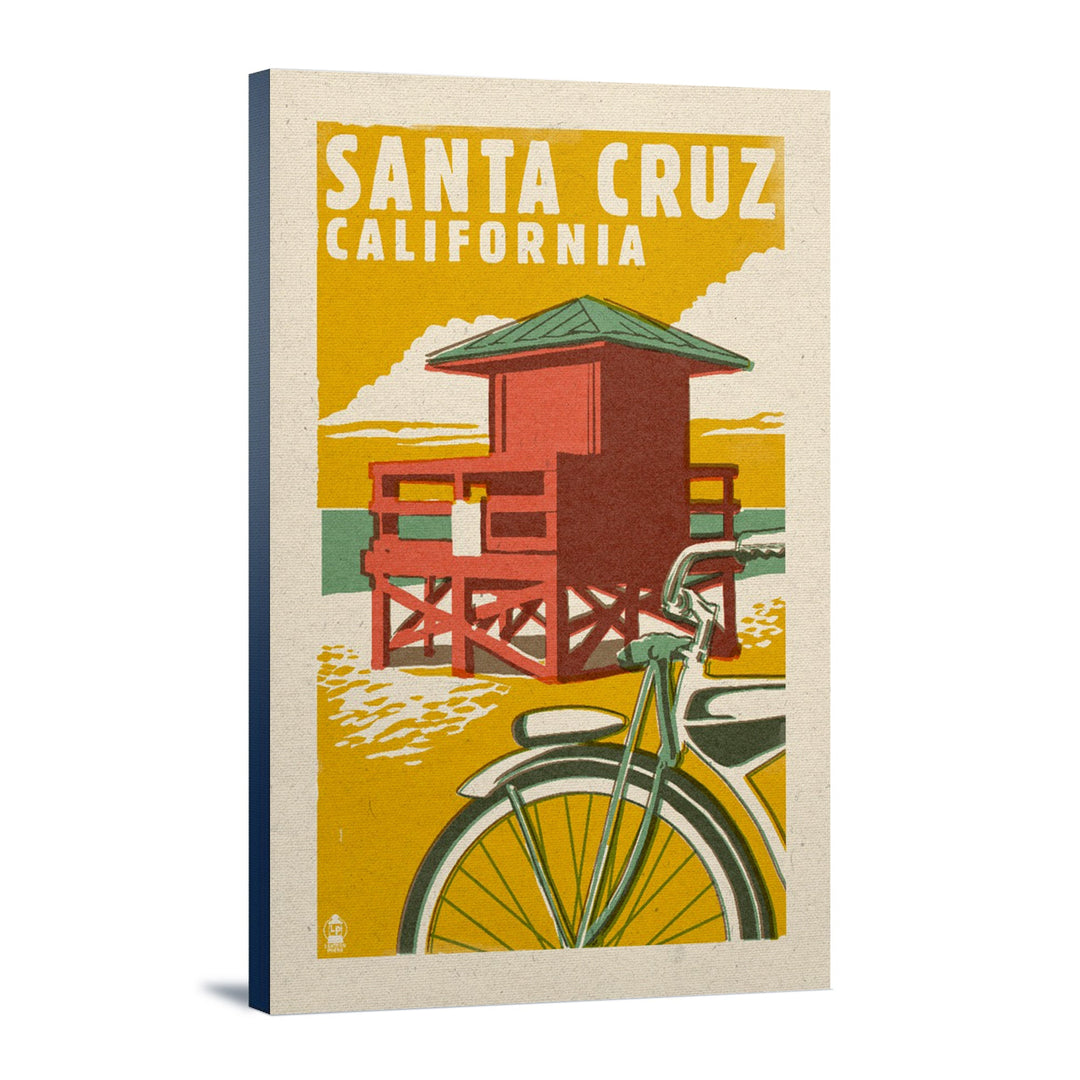 Santa Cruz, California, Lifeguard Tower, Woodblock, Lantern Press Artwork, Stretched Canvas Canvas Lantern Press 12x18 Stretched Canvas 