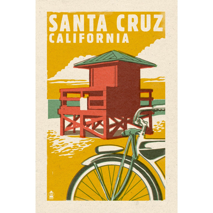 Santa Cruz, California, Lifeguard Tower, Woodblock, Lantern Press Artwork, Stretched Canvas Canvas Lantern Press 