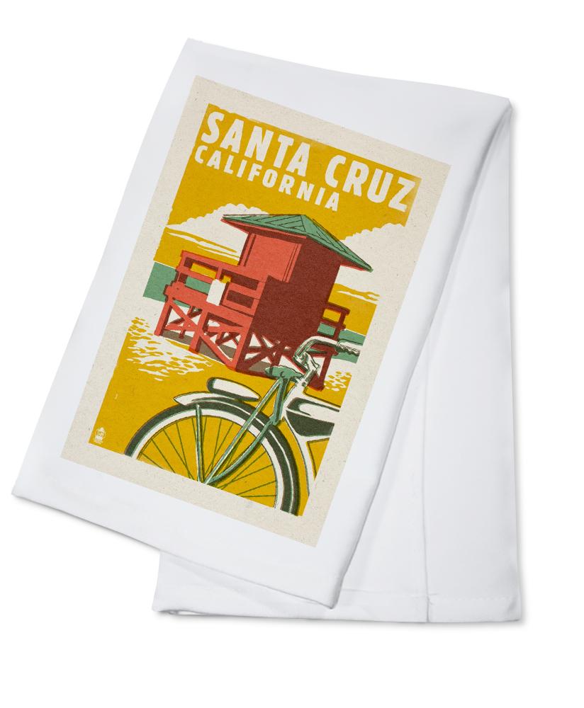 Santa Cruz, California, Lifeguard Tower, Woodblock, Lantern Press Artwork, Towels and Aprons Kitchen Lantern Press 