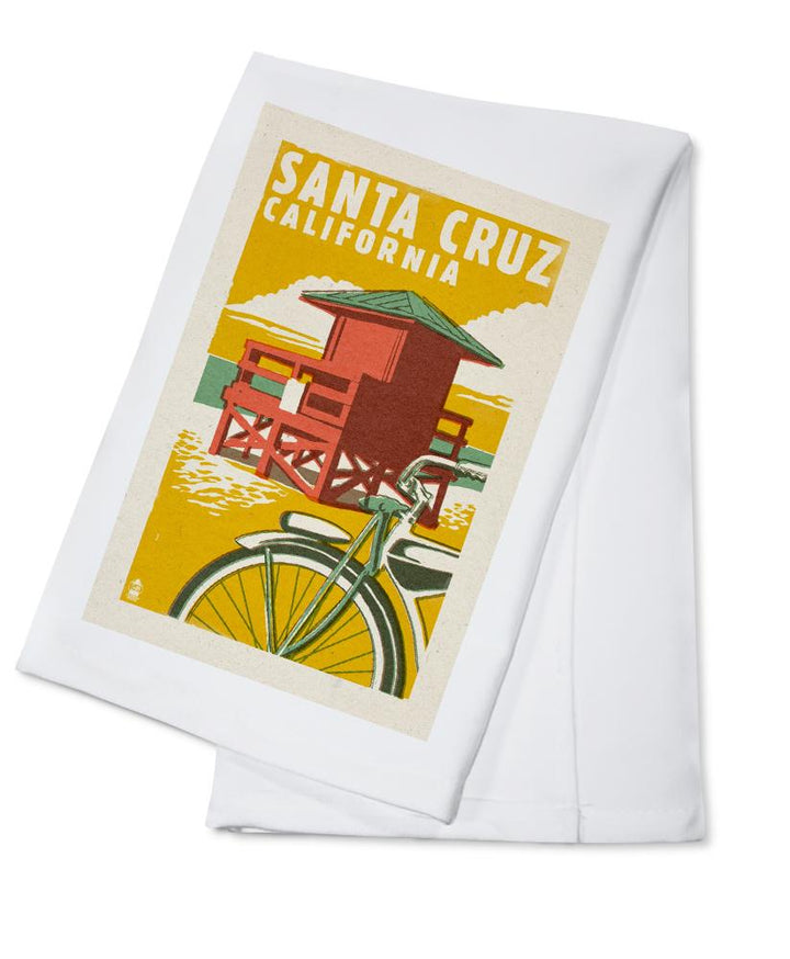 Santa Cruz, California, Lifeguard Tower, Woodblock, Lantern Press Artwork, Towels and Aprons Kitchen Lantern Press Cotton Towel 