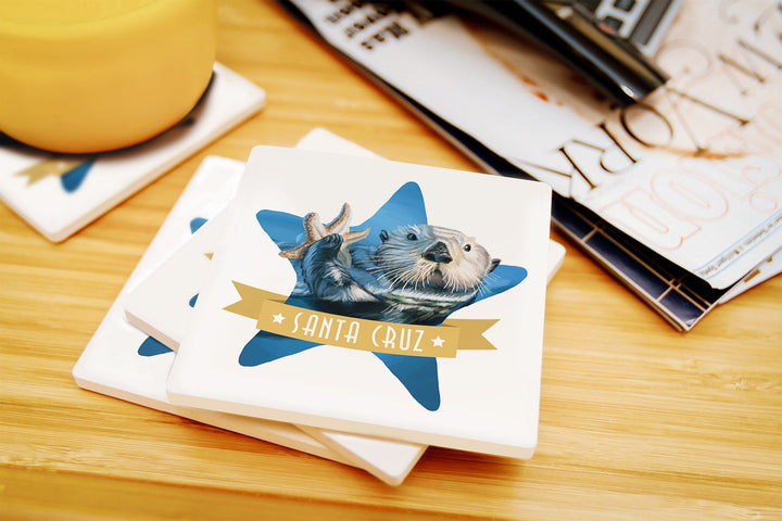 Santa Cruz, California, Otter with Starfish, Contour, Lantern Press Artwork, Coaster Set Coasters Lantern Press 