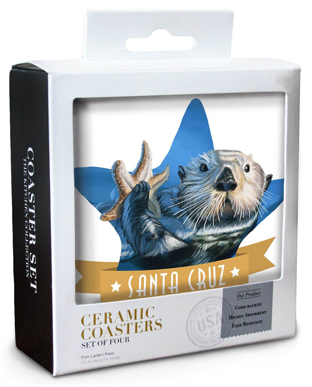 Santa Cruz, California, Otter with Starfish, Contour, Lantern Press Artwork, Coaster Set Coasters Lantern Press 