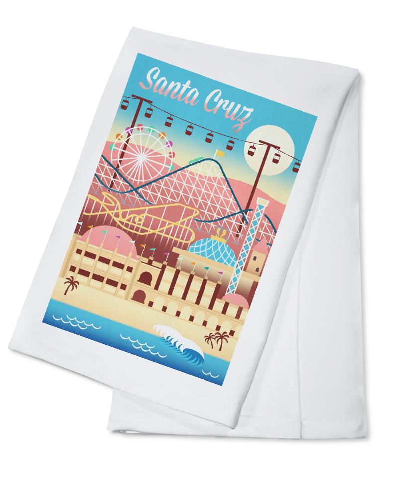 Santa Cruz, California, Retro Skyline, Beach Colors, Lantern Press Artwork, Towels and Aprons Kitchen Lantern Press Cotton Towel 