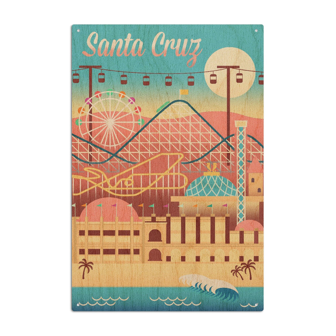 Santa Cruz, California, Retro Skyline, Beach Colors, Lantern Press Artwork, Wood Signs and Postcards Wood Lantern Press 10 x 15 Wood Sign 