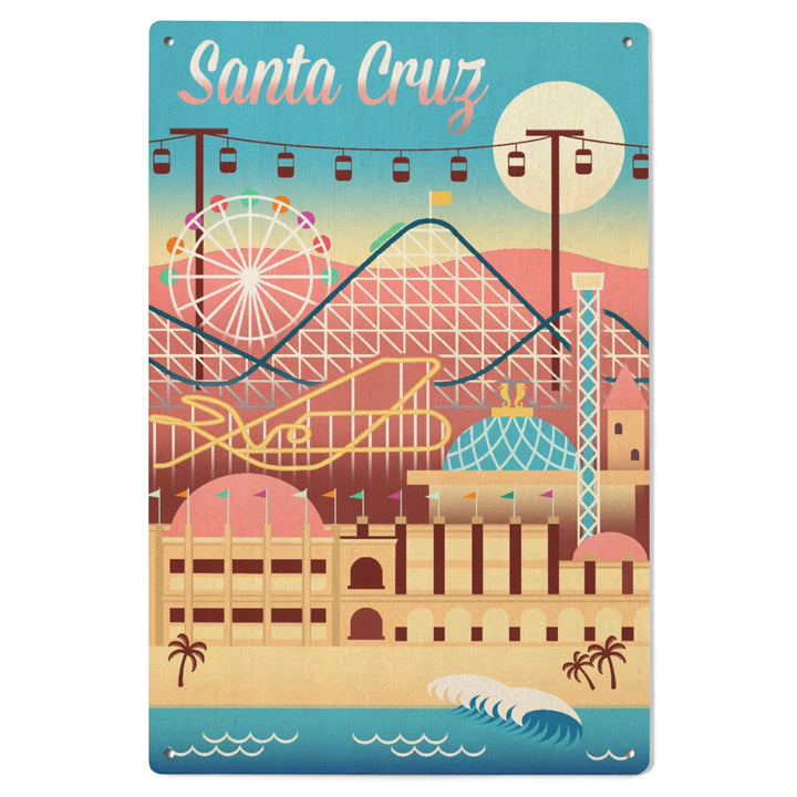 Santa Cruz, California, Retro Skyline, Beach Colors, Lantern Press Artwork, Wood Signs and Postcards Wood Lantern Press 