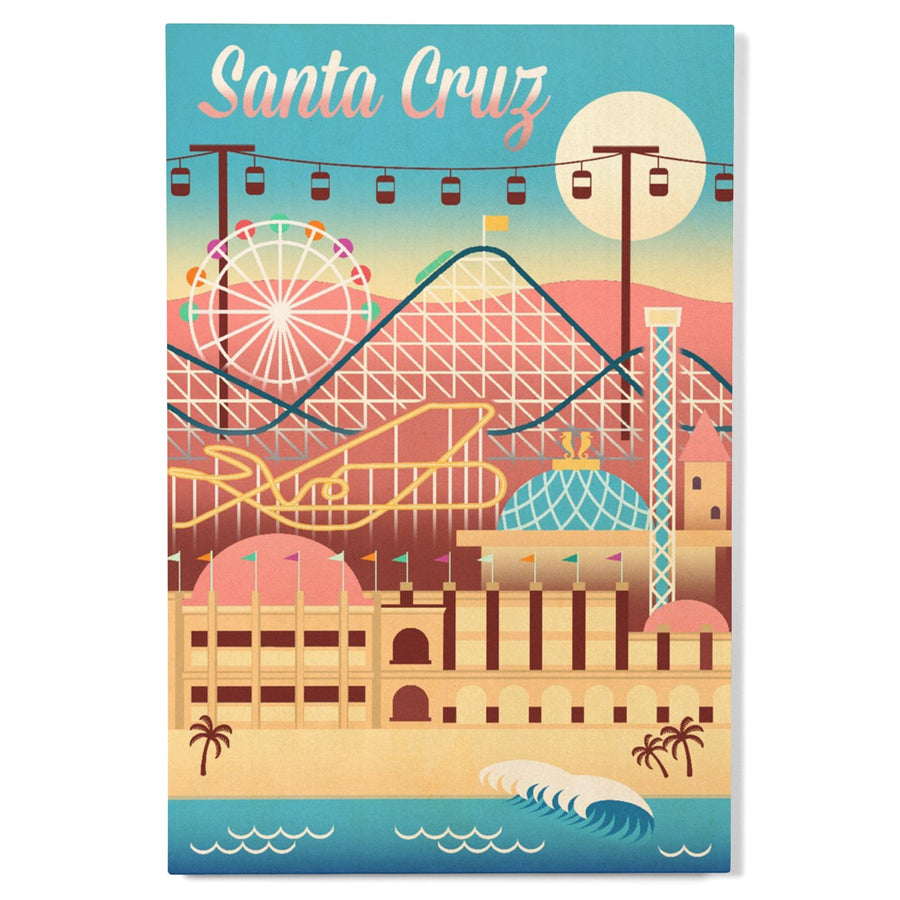 Santa Cruz, California, Retro Skyline, Beach Colors, Lantern Press Artwork, Wood Signs and Postcards Wood Lantern Press 