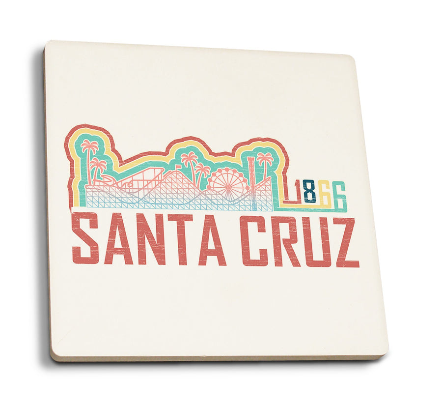 Santa Cruz, California, Skyline, Retro, Beach Colors, Contour, Lantern Press Artwork, Coaster Set Coasters Lantern Press 