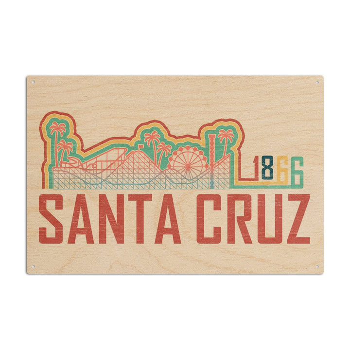Santa Cruz, California, Skyline, Retro, Beach Colors, Contour, Lantern Press Artwork, Wood Signs and Postcards Wood Lantern Press 10 x 15 Wood Sign 