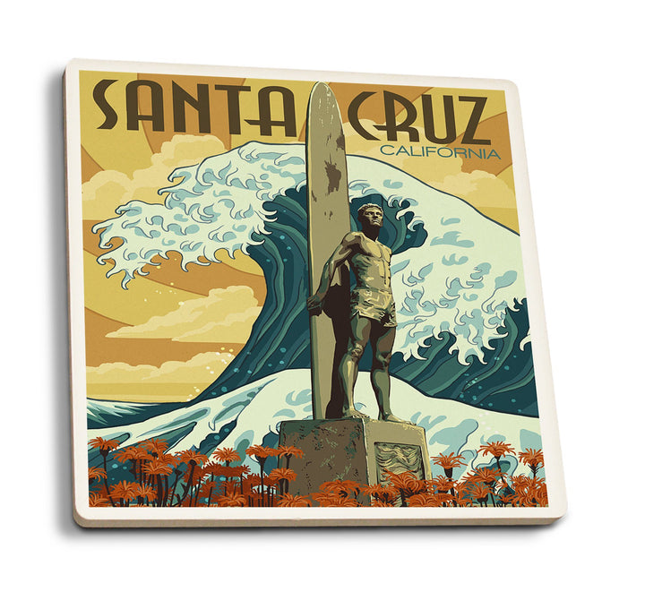 Santa Cruz, California, Surfer Statue, Lantern Press Artwork, Coaster Set Coasters Lantern Press 