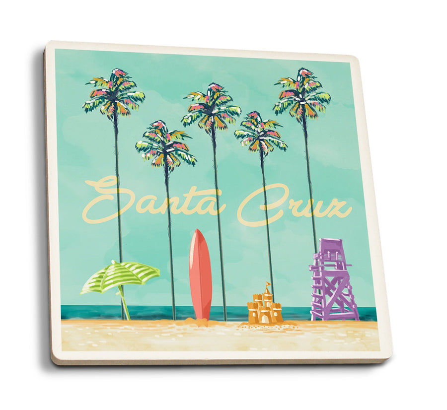 Santa Cruz, California, Tall Palms Beach Scene, Lantern Press Artwork, Coaster Set Coasters Lantern Press 