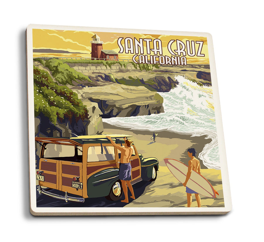 Santa Cruz, California, Woody and Lighthouse, Lantern Press Artwork, Coaster Set Coasters Lantern Press 