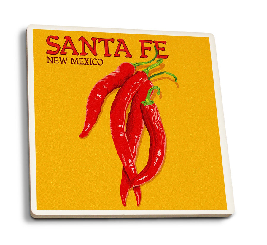 Santa Fe, New Mexico, Red Chiles, Letterpress, Lantern Press Artwork, Coaster Set Coasters Lantern Press 